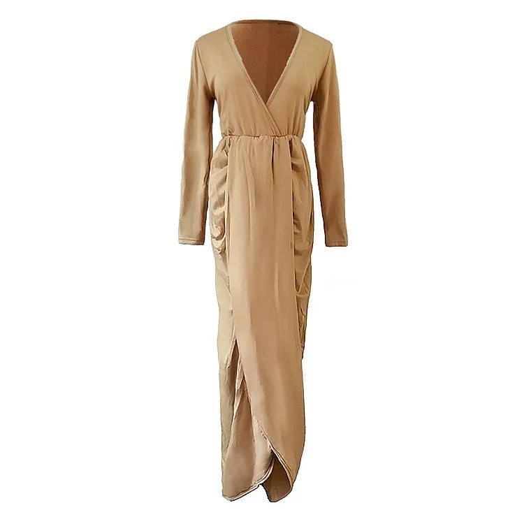 Robe Longue Femme Ajustée – Col V, Manches Longues