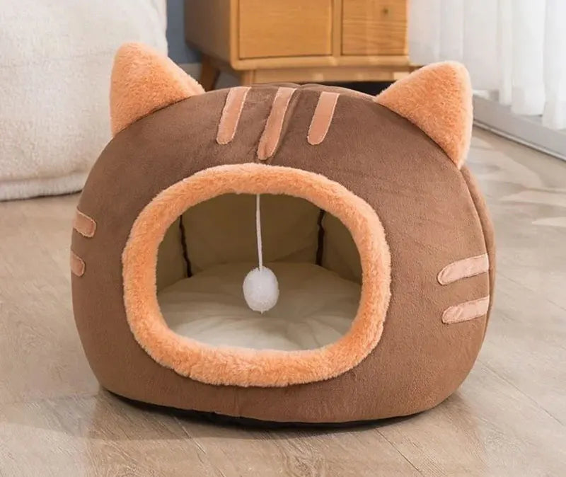 Plush Cat Cave Bed – Warm Foldable Pet House with Non-Slip Base