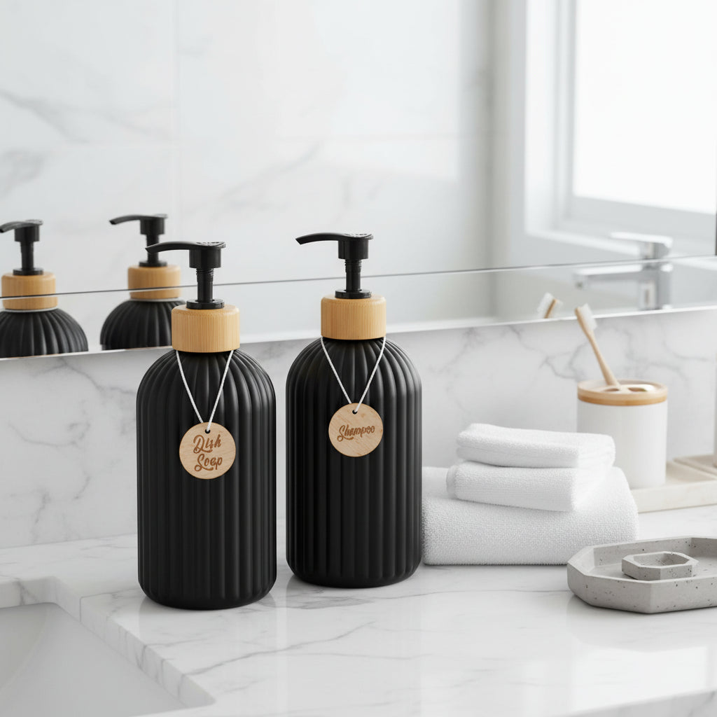 Striped Soap Dispenser with Bamboo Pump – Refillable Kitchen & Bathroom Bottle