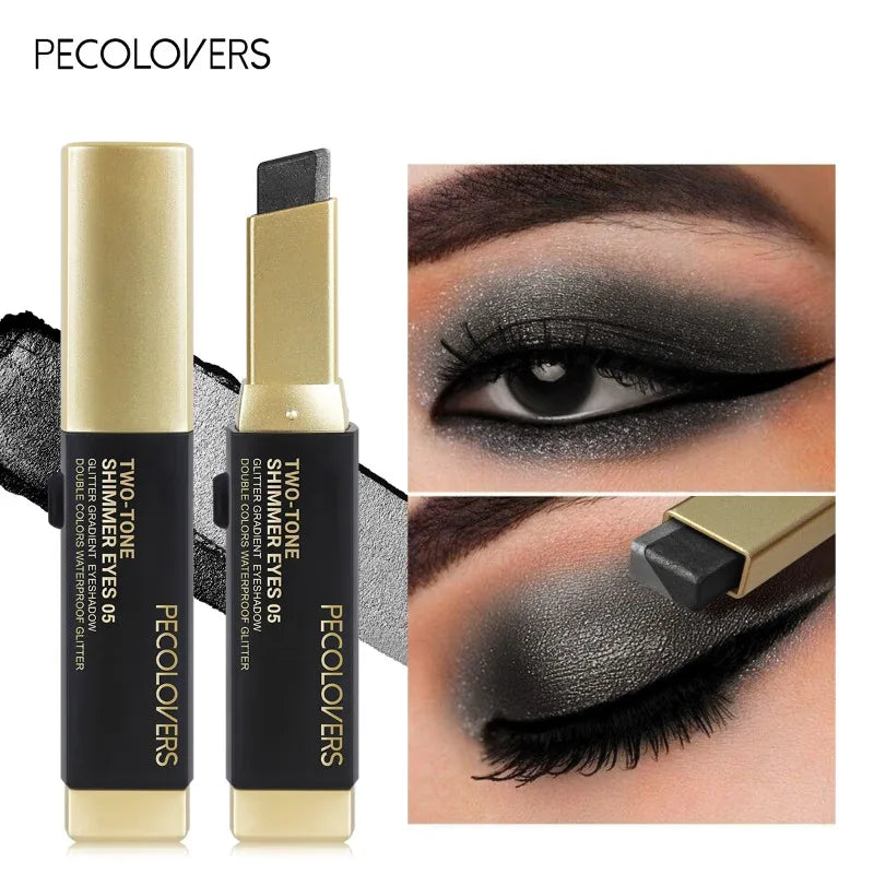 Stick fard à paupières bicolore pailleté, effet illuminateur, maquillage des yeux waterproof longue tenue, effet métallisé.