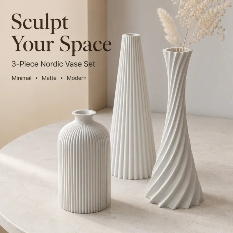 3-Piece Wabi-Sabi Ribbed Vase Set – Matte Off-White Decorative Vases for Home Decor