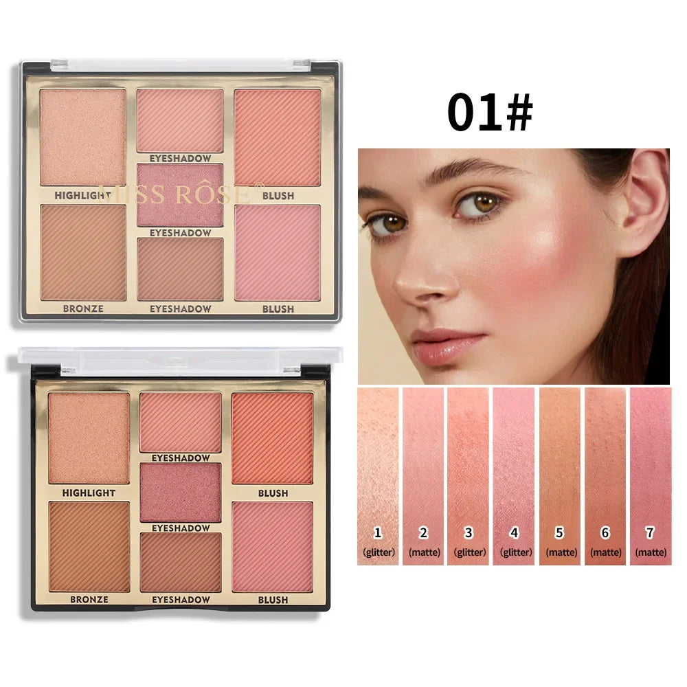 Palette de blush 7 couleurs – Pour highlight et contour, fini naturel perlé, mat avec couvrance légère – Palette de maquillage