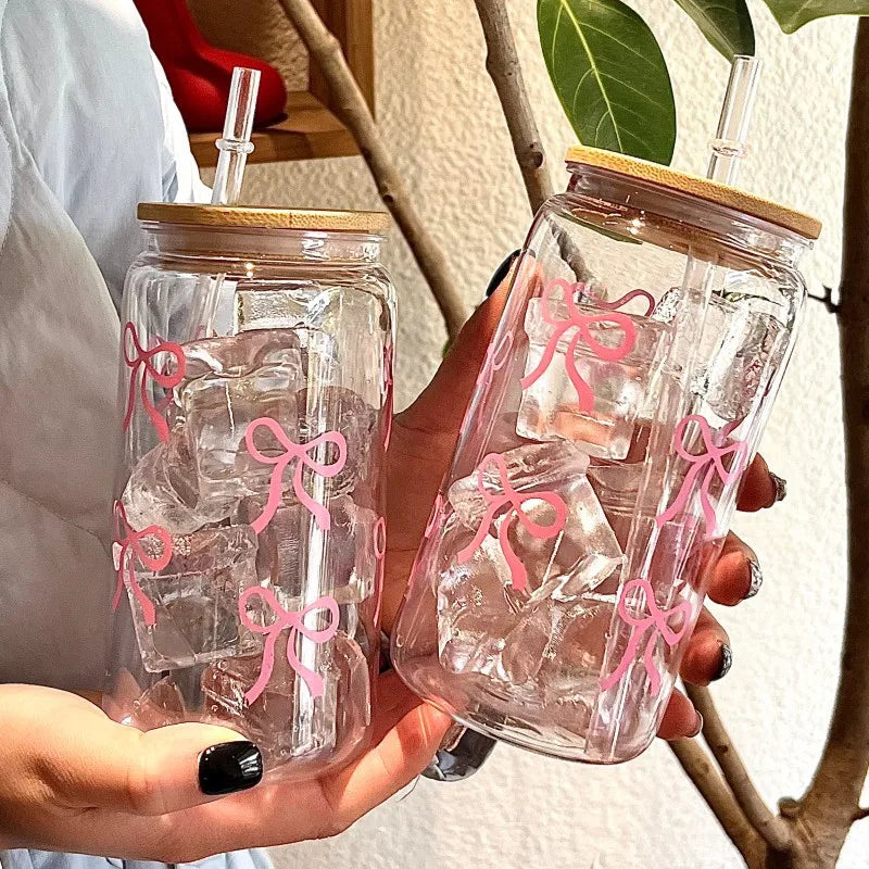 500ml Cute Bow Glass Tumbler with Lid & Straw – Mason Jar Style Cup for Iced Coffee, Juice & Smoothies