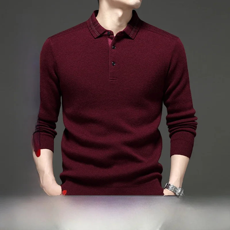 Chemise de base tricotée en pure laine épaisse à manches longues pour hommes Polo d'affaires décontracté Pull à col rayé pour personnes d'âge moyen...