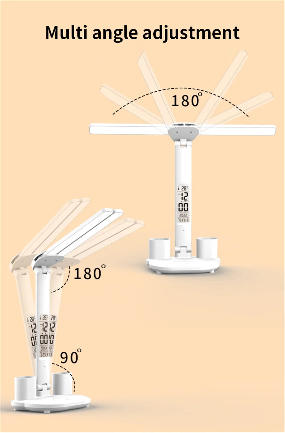 LED Desk Lamp with Clock & Temperature Display – USB Rechargeable Touch Control Reading Light