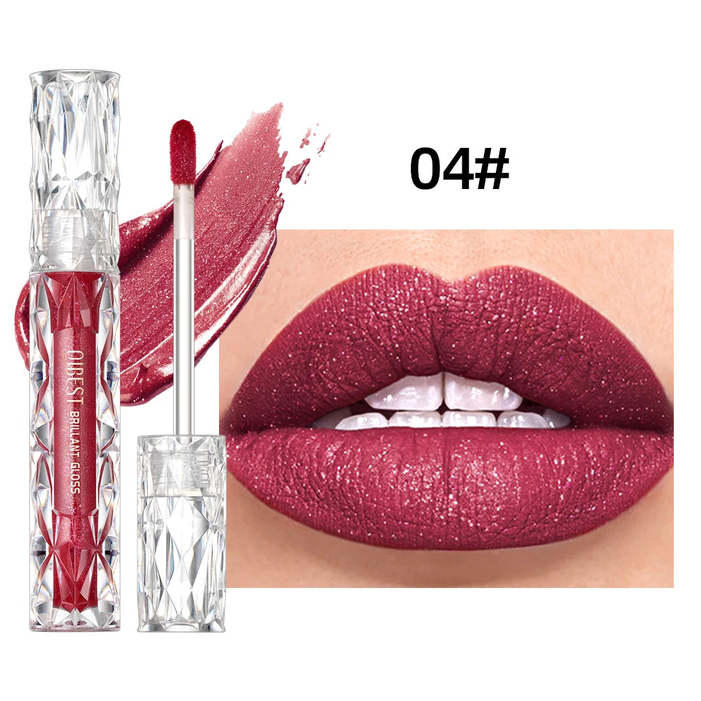 Gloss à Lèvres Shimmer – Paillettes Diamant, Teinte Rouge/Violet, Waterproof, Longue Tenue, Rouge à Lèvres Liquide Mat, Maquillage pour Femmes