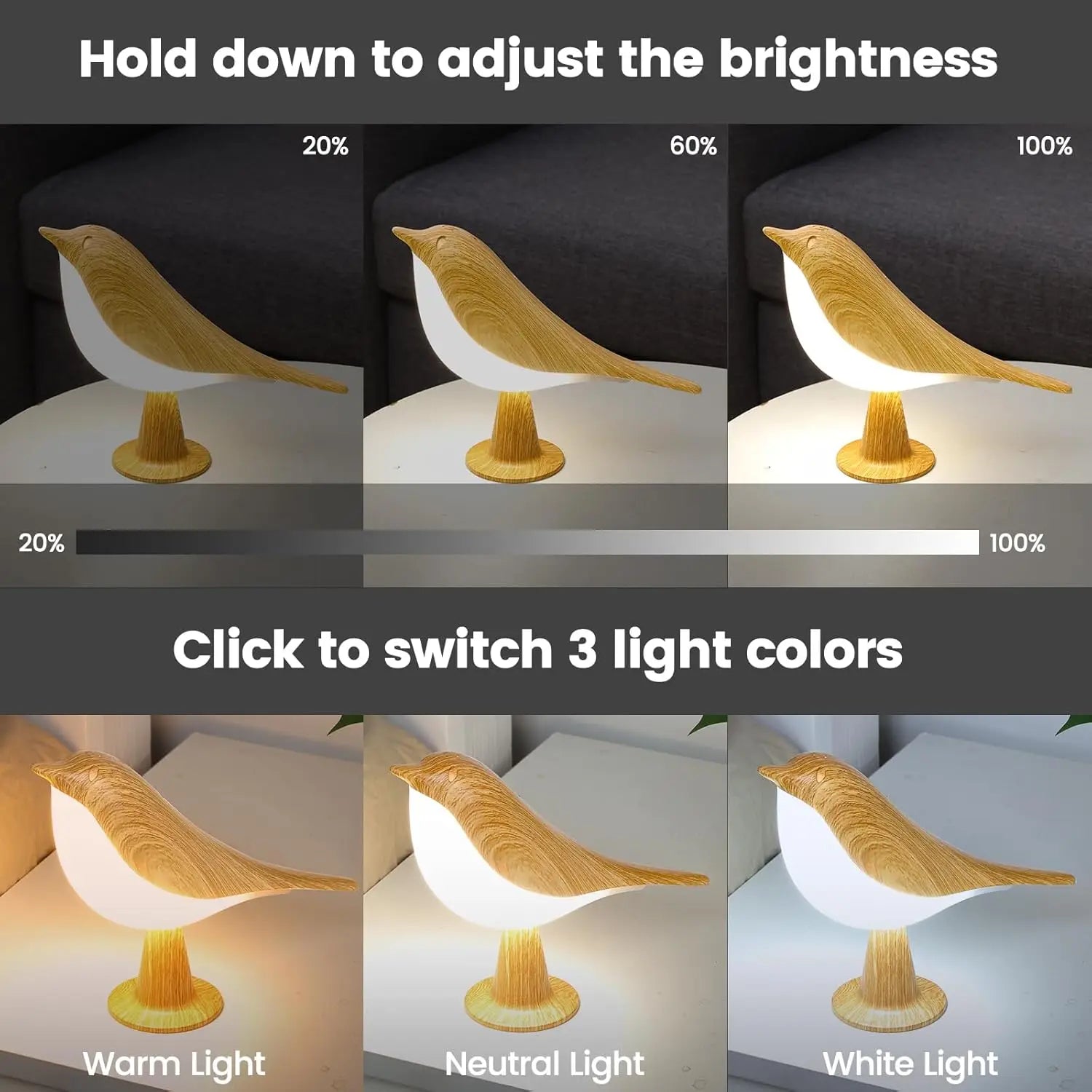 LED Bird Touch Lamp – 3-Level Dimmable Rechargeable Night Light for Home Decor