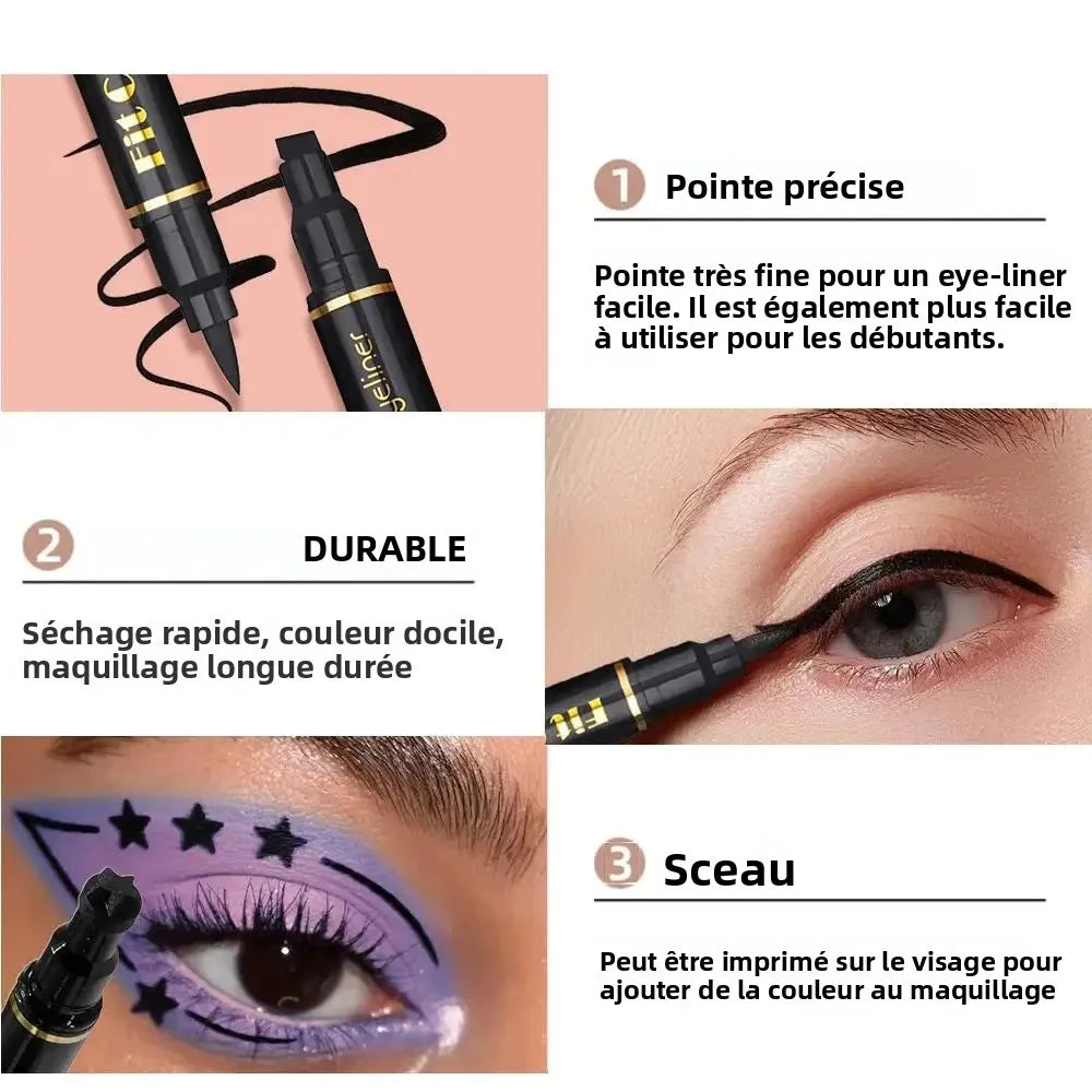 Kit de maquillage anti-bavures pour eyeliner liquide waterproof à séchage rapide (6 pièces) : eyeliner noir double embout avec tampon cœur et étoile.