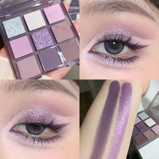 Palette fards à paupières Aurora Purple 9 couleurs – Smoky violet, dentelle, mat et scintillant, argenté, tons froids, maquillage coréen