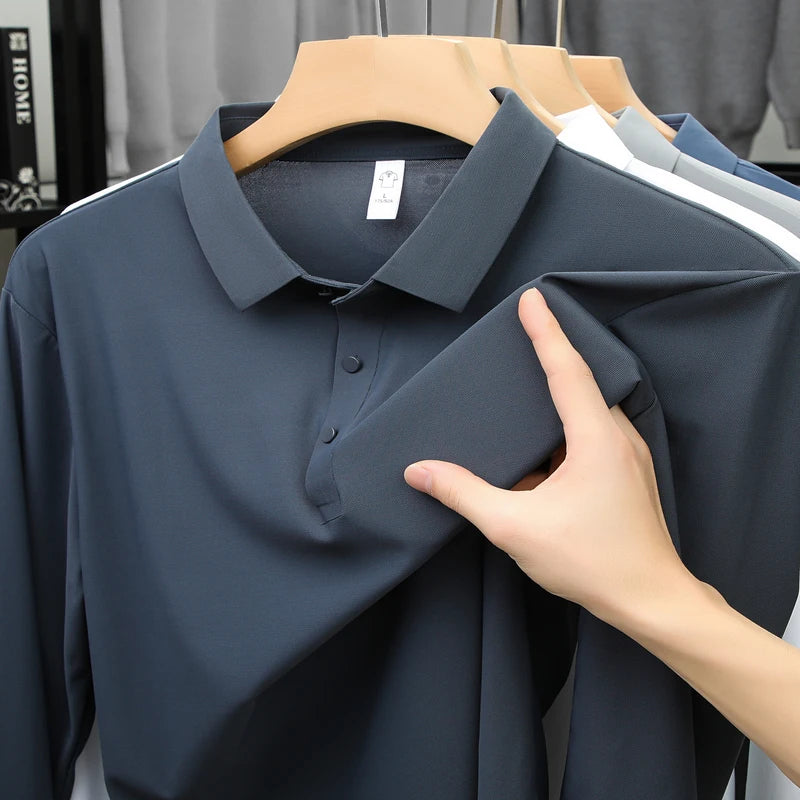 Hommes de haute qualité été nouveau revers hommes à manches longues polo broderie couleur unie affaires décontracté hommes polo