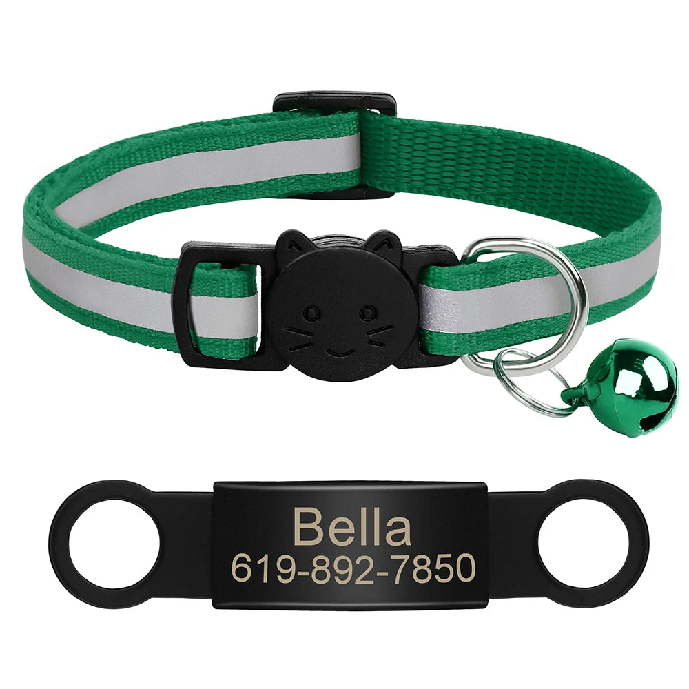 Personalized Reflective Cat Collar with Engraved ID Tag & Bell
