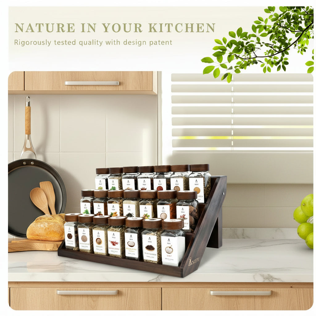 3-Tier Wooden Spice Rack with 12/21 Glass Spice Jars – Kitchen Storage Organizer