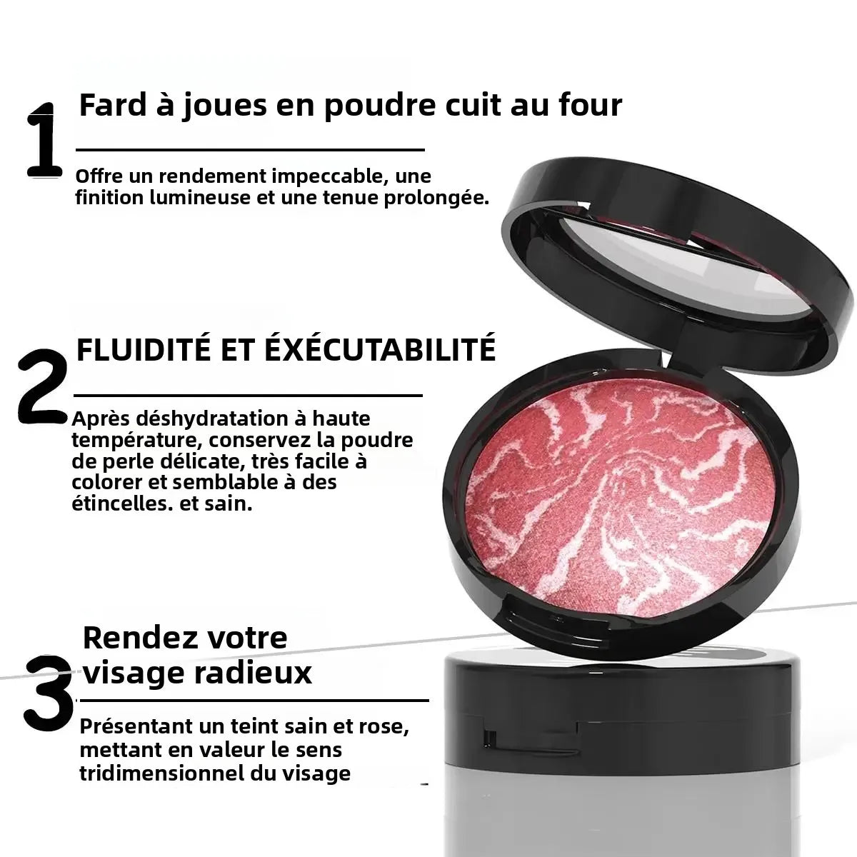 Palette de Fard à Joues 3 Tons — Poudre Cuite Imperméable, Légère et Longue Tenue, Texture Lisse et Aérienne pour un Teint Unifié et Lumineux