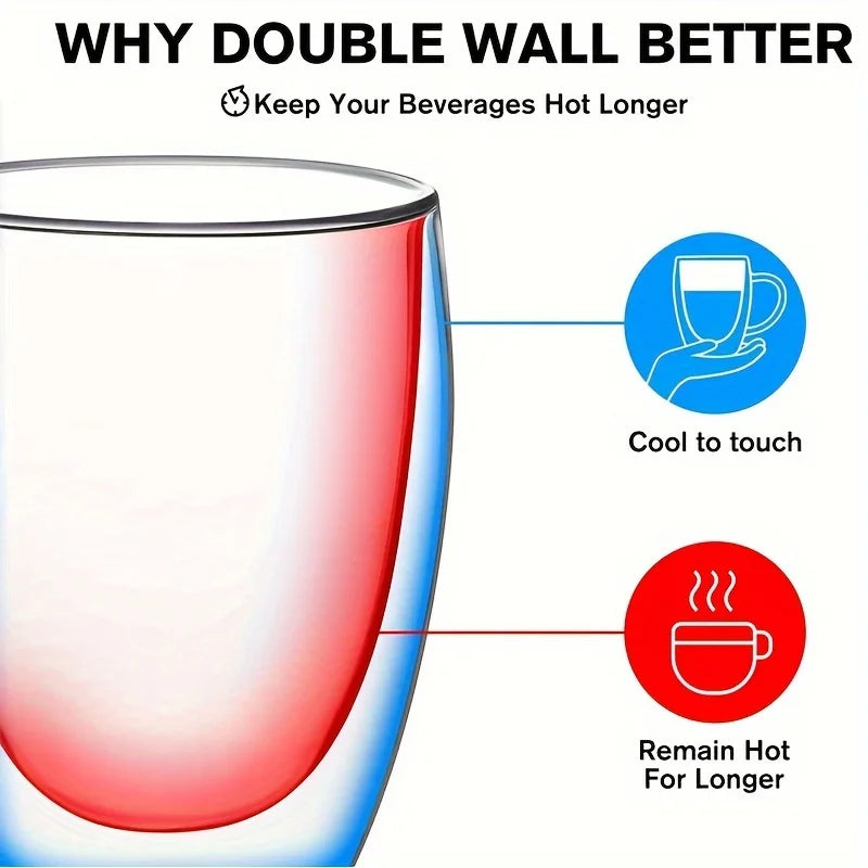 Double Wall Glass Coffee Mug with Handle – 350ml Insulated Cappuccino, Tea & Latte Cup (2/4/6 PCS)