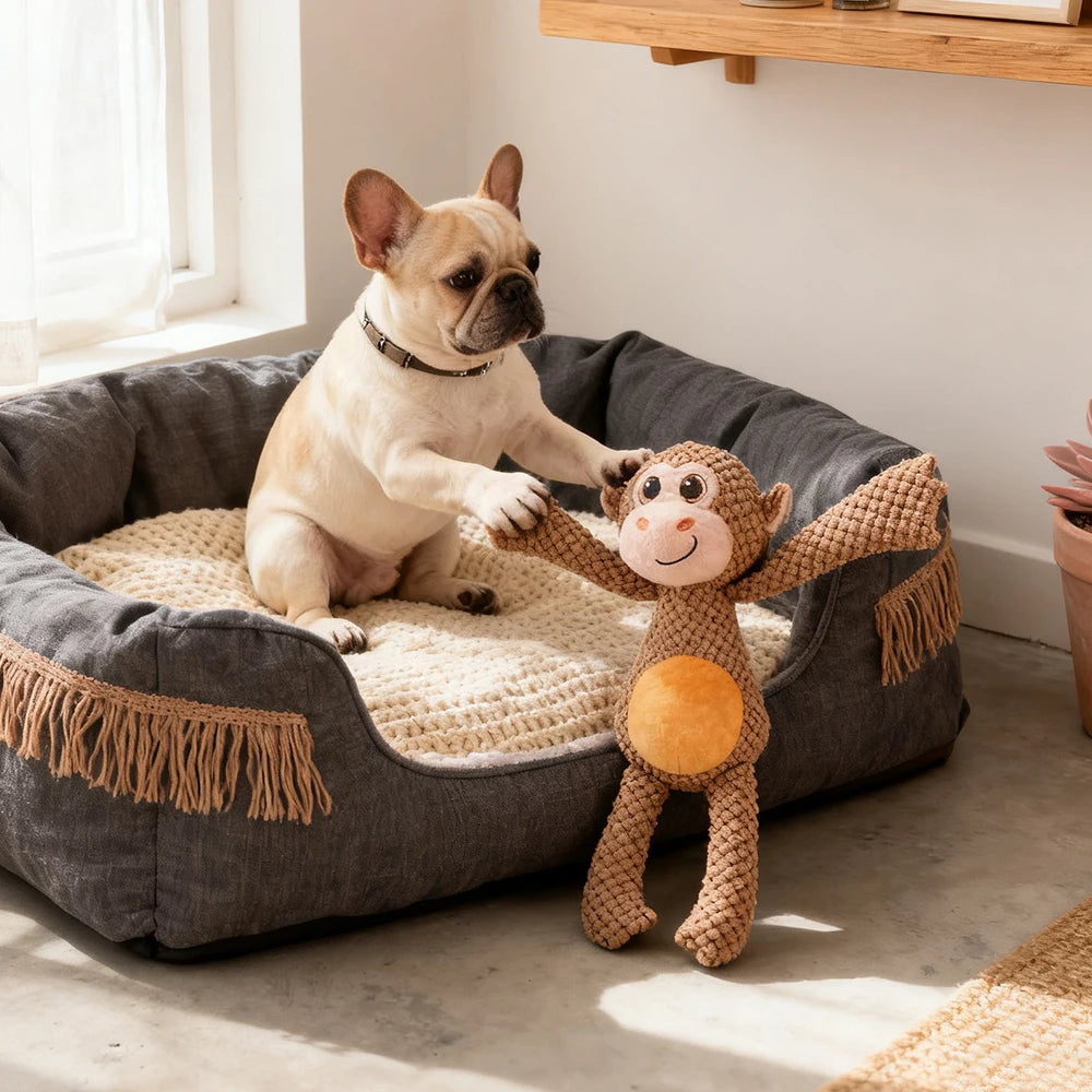 Durable Long-Legged Monkey Plush Dog Toy – Squeaky Interactive Chew Toy