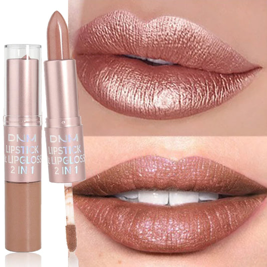 Rouge à lèvres 2-en-1 + gloss — Couleur métallique et nacrée | Tenue longue durée et hydratante | Waterproof | Finition brillante et sexy pour maquillage des lèvres