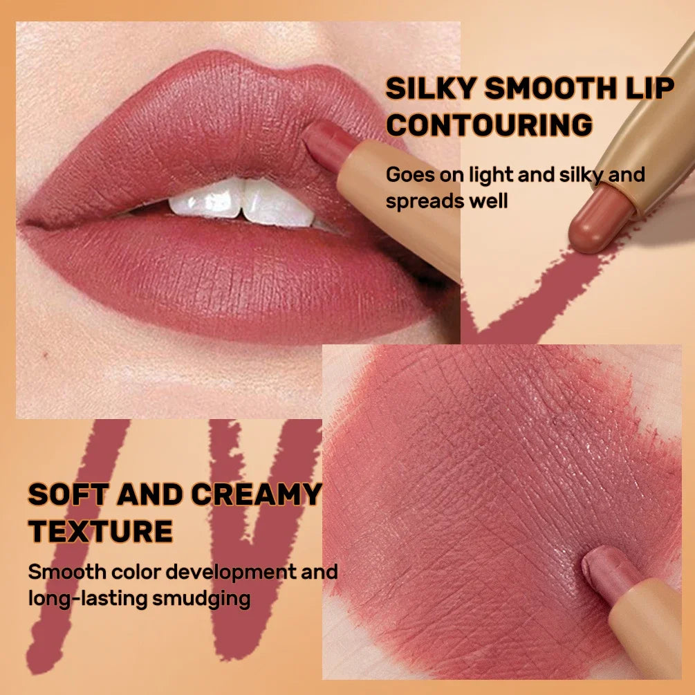 Crayon à Lèvres Double-Embout & Pinceau 2-en-1 – Mat, Contour et Teinte, Longue Tenue, Nude et Noir, Maquillage des Lèvres