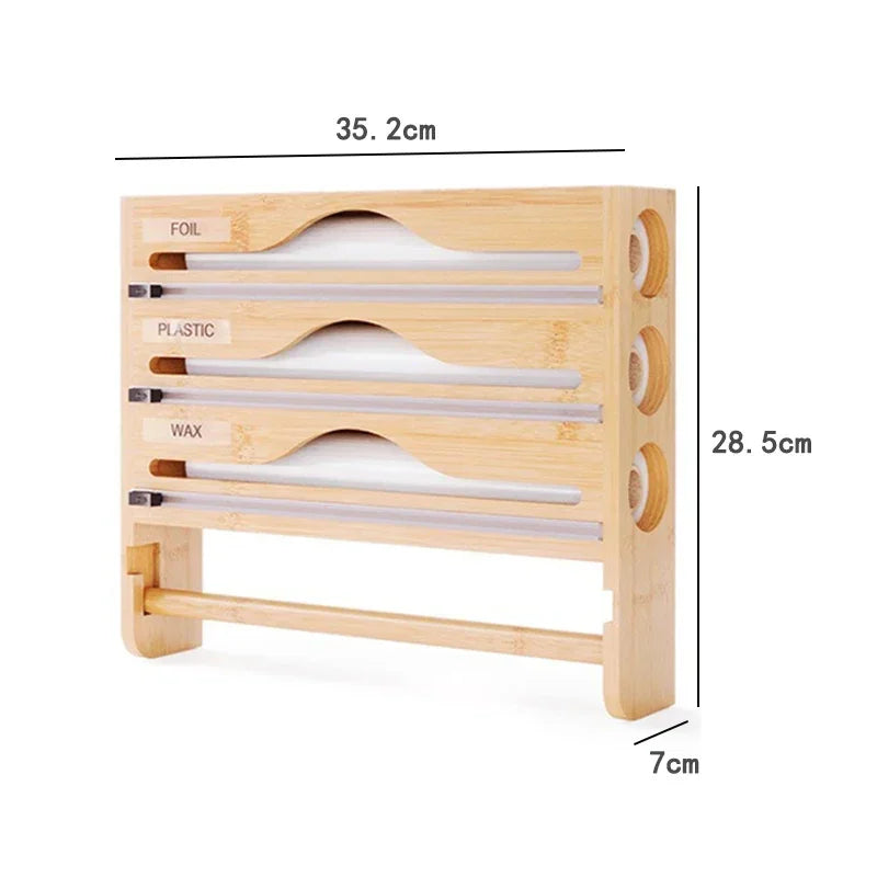 Bamboo Wall Mounted Kitchen Organizer – Cling Film & Foil Cutter Storage Box