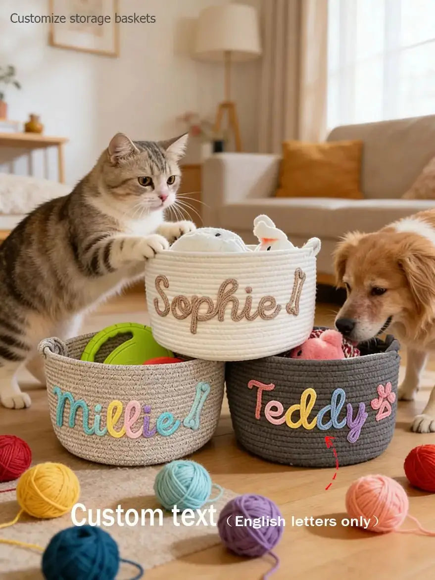 Personalized Cotton Rope Pet Toy Basket – Custom Storage Basket for Dogs & Cats