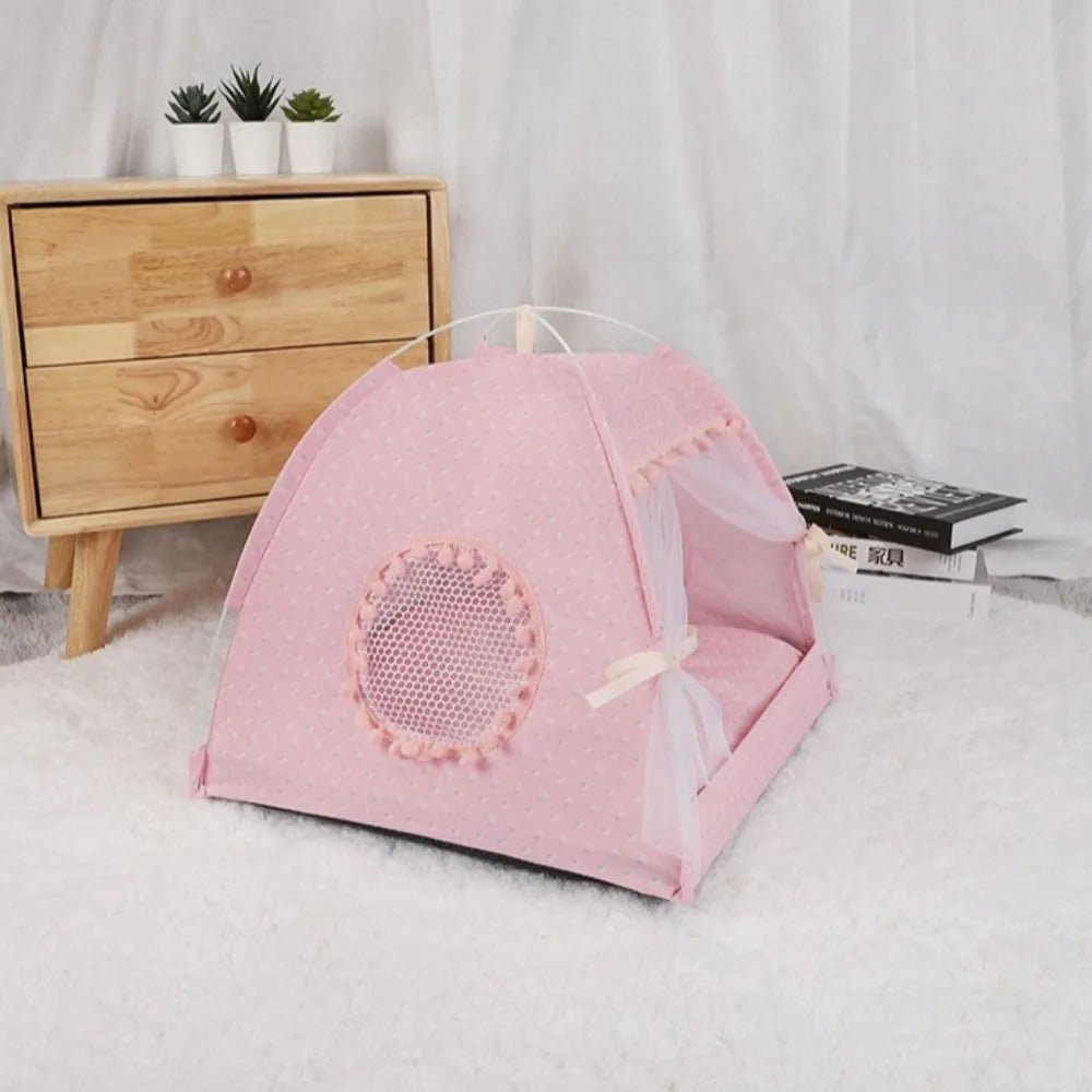 Foldable Princess Pet Bed – Floral Cat & Dog Tent House with Removable Cushion