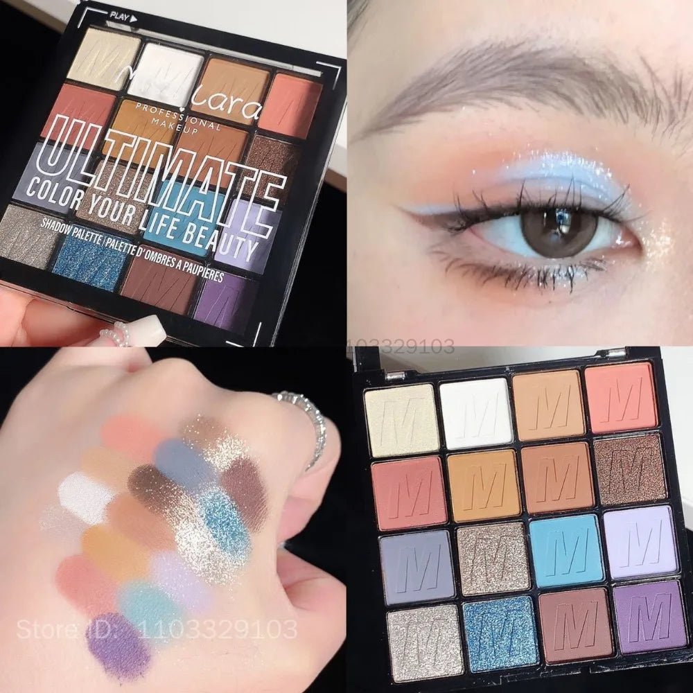 Palette fards à paupières  16 couleurs, été, longue tenue, waterproof, mats et nacrés, scintillant, maquillage yeux femmes