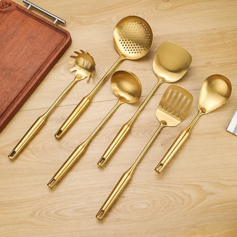 Gold Stainless Steel Soup Spoon Set (1–7 PCS) – Multifunction Noodle, Rice & Hot Pot Serving Spoon