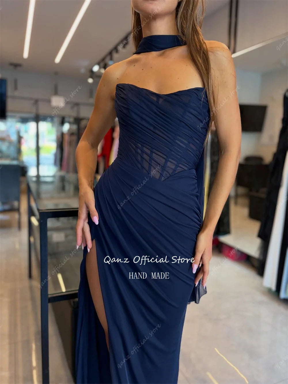 Qanz Nave bleu Robes De Soirée sirène haute fente latérale en mousseline De soie Robes De Soirée dos nu Corset élégant fête femmes personnalisé