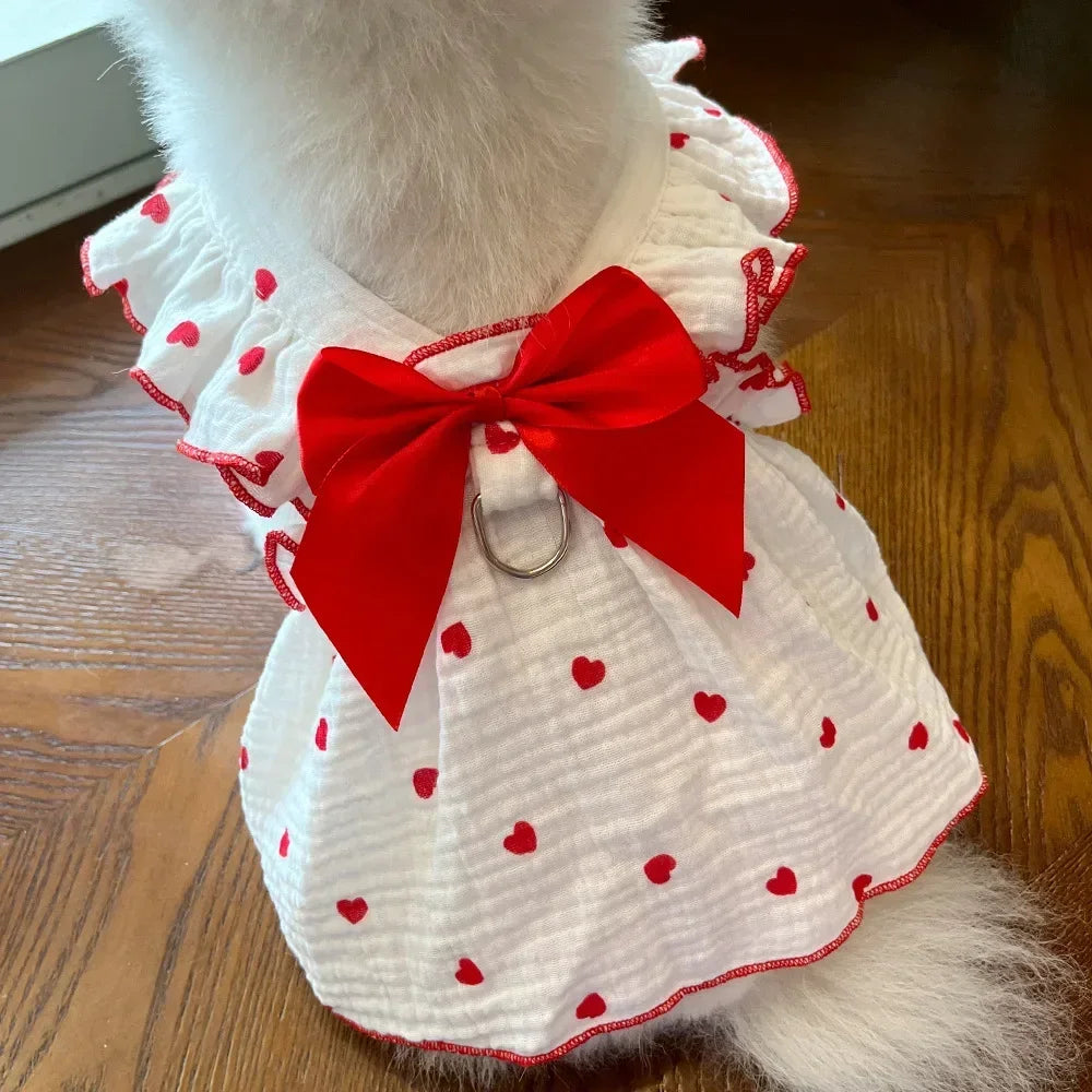 Heart Print Dog Dress with Bow – Cute Summer Princess Outfit for Small Dogs & Cats