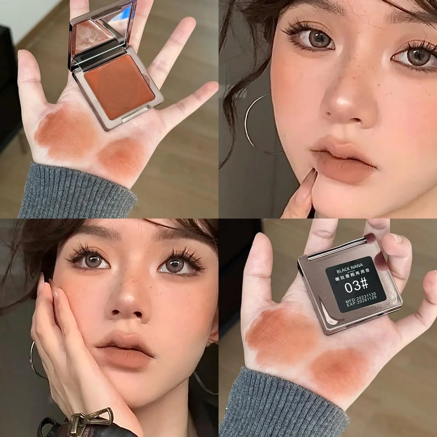 Crème Lèvres & Joues Double Usage — Texture Boue Mat, Fini Velours, Rouge à Lèvres Rouge Foncé ou Marron, Gel ou Gloss Solide, Crème Blush Teinte, Maquillage