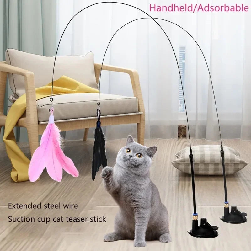 Interactive Suction Cup Feather Cat Wand Toy with Bell