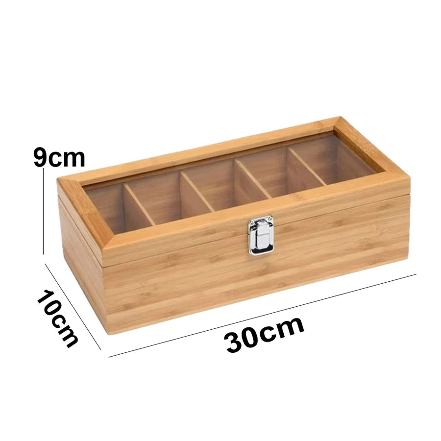 Bamboo Tea Bag Storage Box – 5 Compartment Organizer for Tea, Coffee & Spices