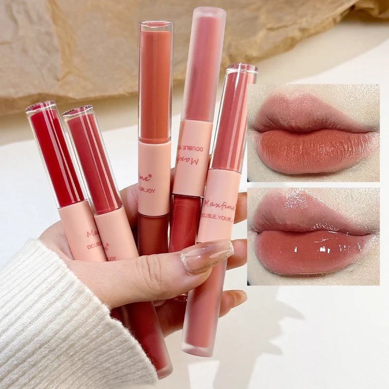 Rouge à Lèvres Double-Embout – Gloss Complet, Fini Miroir et Velours Mat, Longue Tenue, Hydratant, Anti-Tache, Maquillage des Lèvres