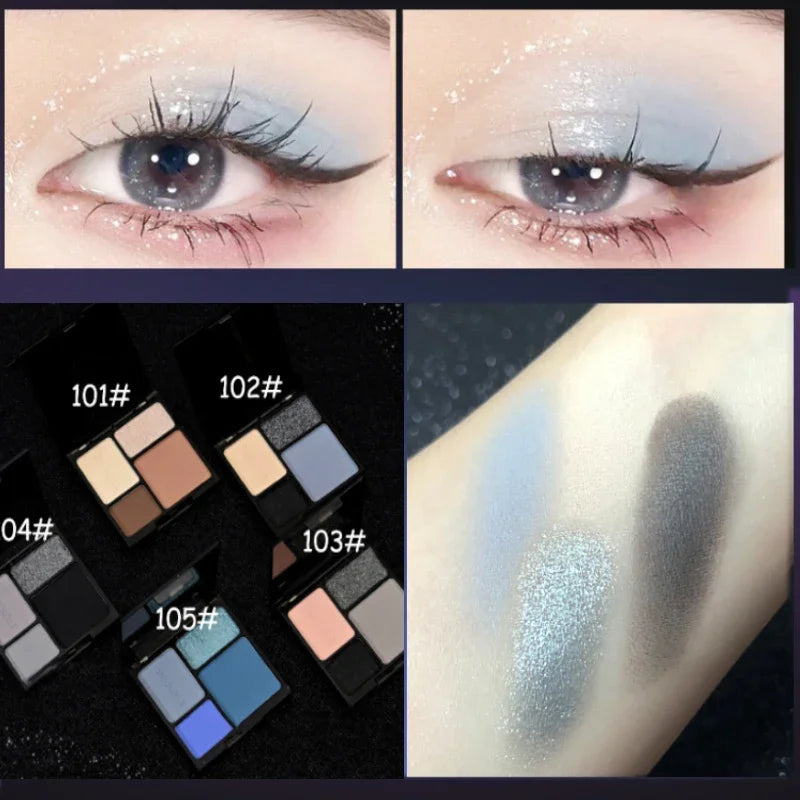 Palette fards à paupières 4 couleurs, smoky punk, mats et pailletés, tons froids noir et bleu, pigments longue tenue