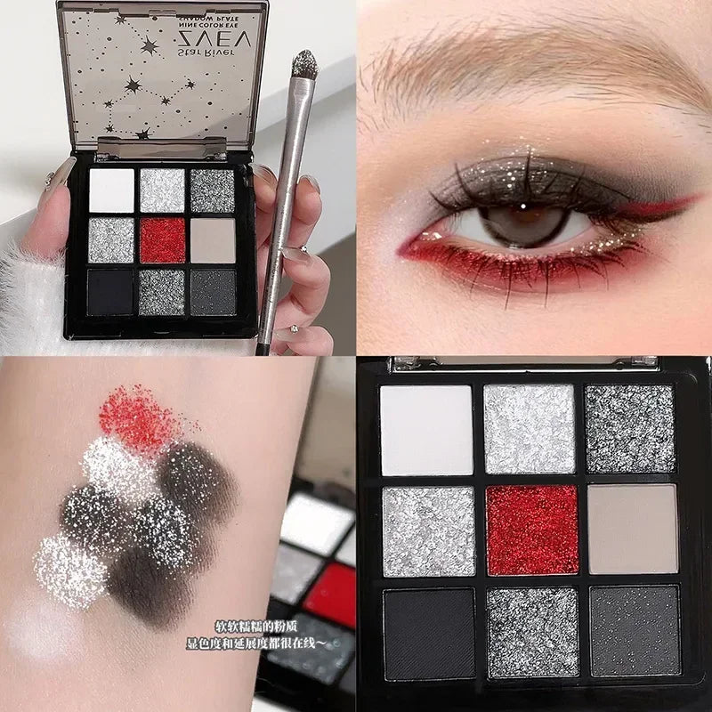 Palette de 9 fards à paupières fumés noir et rouge, effet frais et lumineux, maquillage longue tenue, fards à paupières pailletés foncés pressés.
