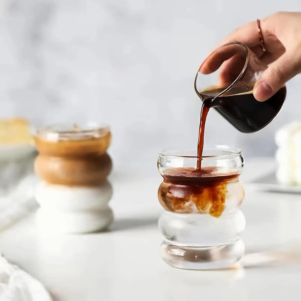 Set of 2 Vintage Ripple Glass Coffee Cups – 350ml High Borosilicate Glasses with Straw & Cleaning Brush