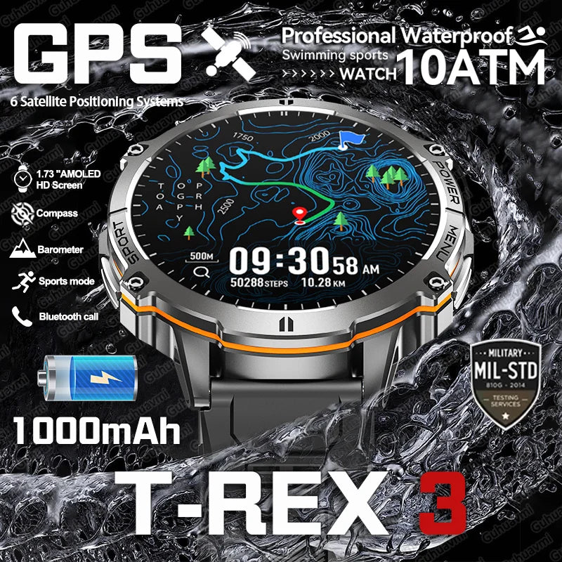 T-rex 3 qualité militaire 1000mAh batterie montre intelligente 10ATM étanche GPS boussole altimètre appel AMOLED hommes natation sport Smartwatch