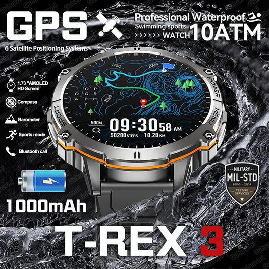 T-rex 3 qualité militaire 1000mAh batterie montre intelligente 10ATM étanche GPS boussole altimètre appel AMOLED hommes natation sport Smartwatch