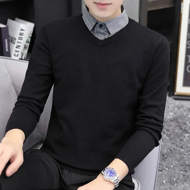 Pull tricoté élégant et ajusté pour hommes, faux deux pièces, col de chemise à la mode, automne hiver, modèle masculin aérien