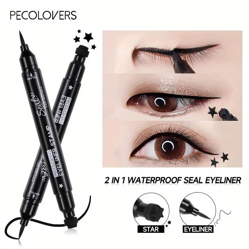 Eyeliner Liquide Noir 2 en 1 – Double Embout avec Tampon Lune, Crayon Yeux, Séchage Rapide, Anti-Bavure, Longue Tenue, Maquillage Facile