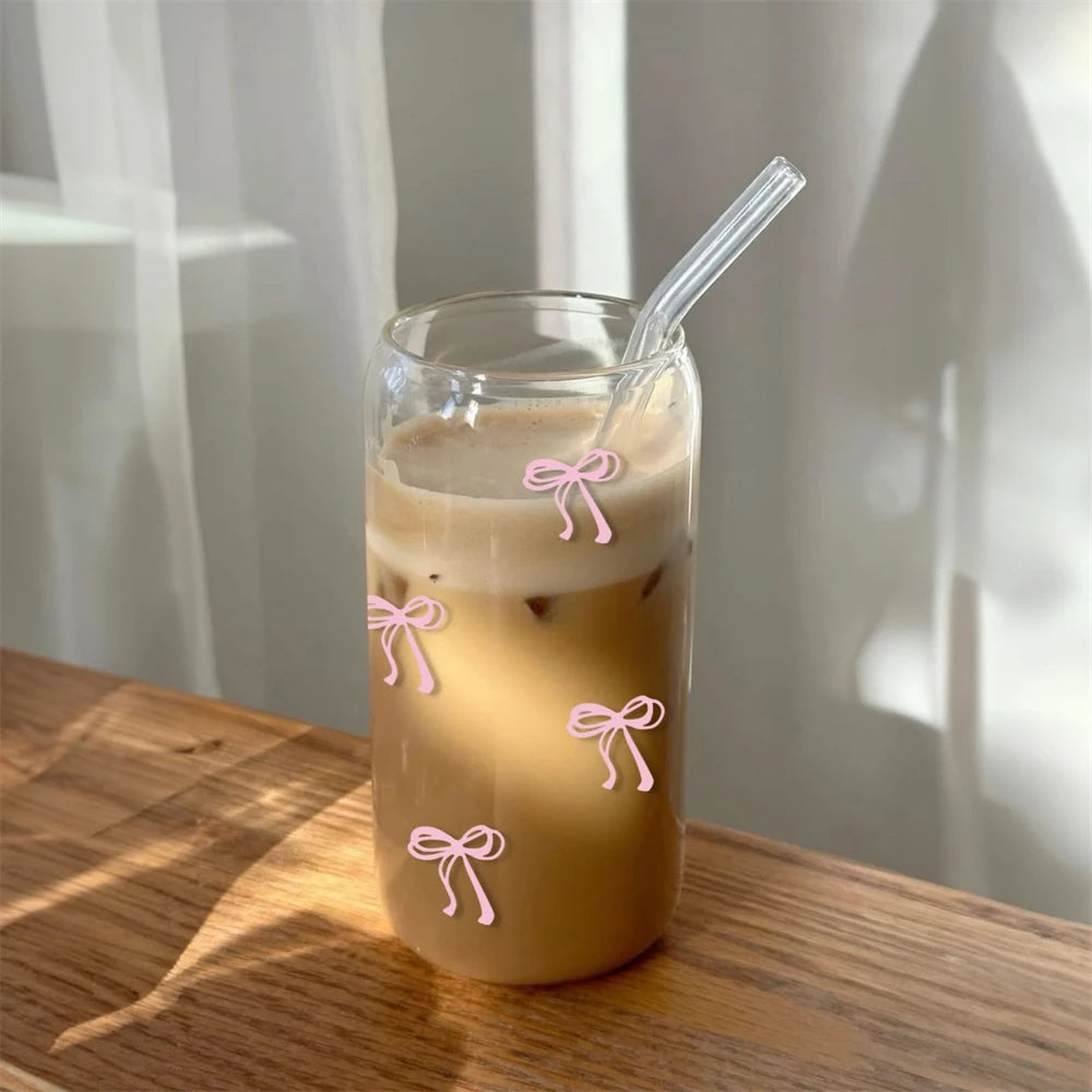 500ml Pink Bow Glass Cup with Lid & Straw – Cute Tumbler for Iced Coffee, Matcha, Juice & Smoothies