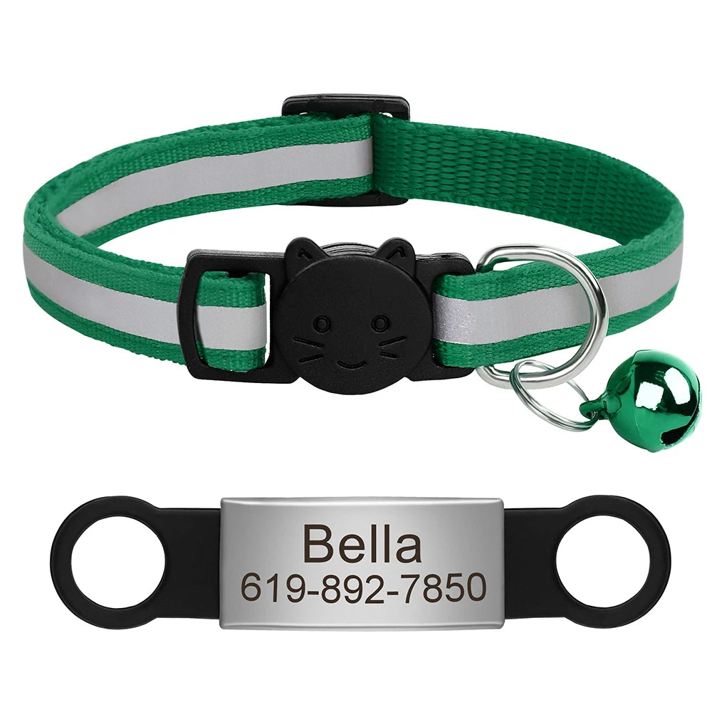 Personalized Reflective Cat Collar with Engraved ID Tag & Bell