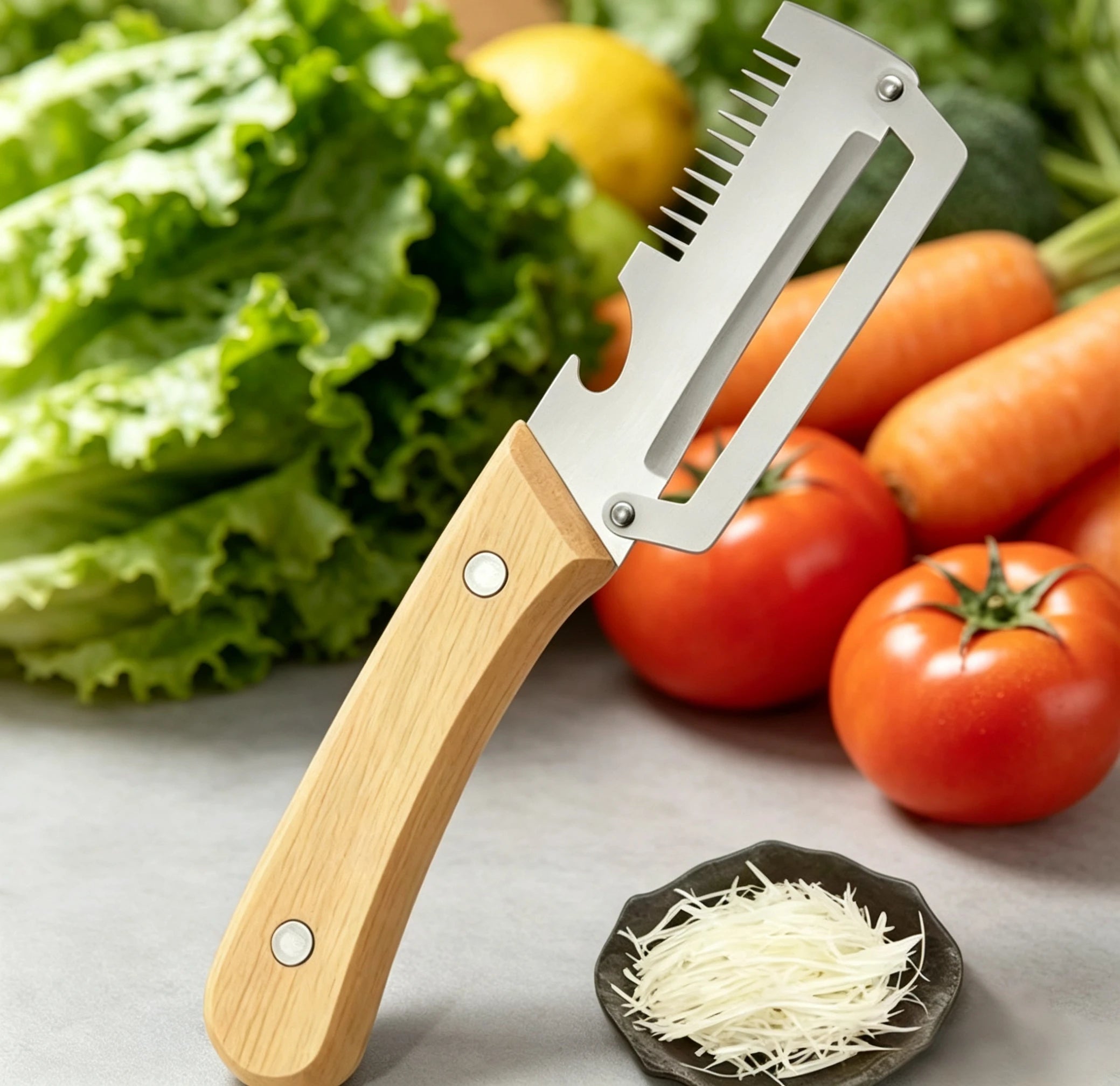 Multifunction Stainless Steel Peeler with Wooden Handle – Durable Fruit & Vegetable Peeling and Slicing Tool