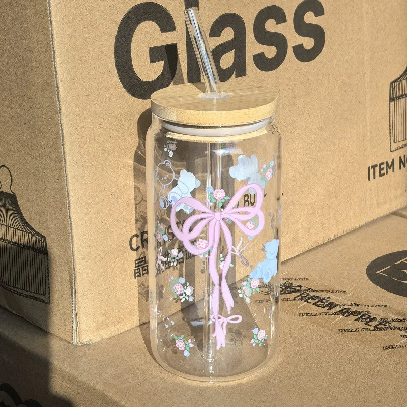 500ml Cute Bow Glass Tumbler with Lid & Straw – Mason Jar Style Cup for Iced Coffee, Juice & Smoothies
