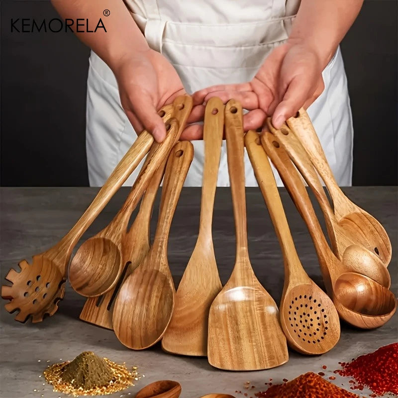 10-Piece Natural Wooden Kitchen Utensil Set – Wooden Spoons, Spatulas & Ladles for Cooking and Serving