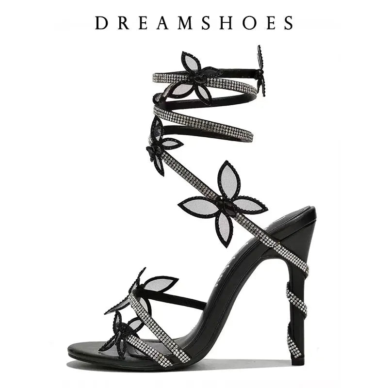 Sandales fines à talons hauts CRYSTAL  pour femmes – Style sexy avec fleurs | Bride fine à la cheville
