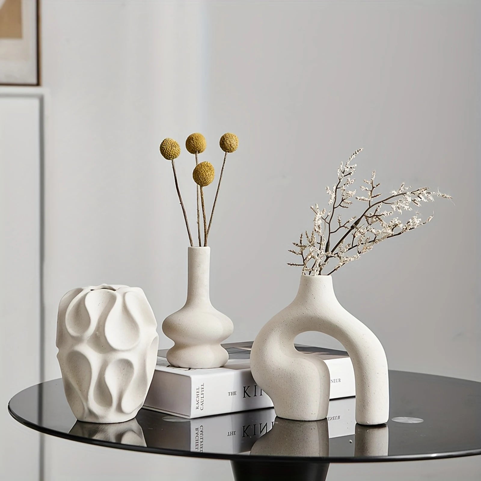 3-Piece Boho Ceramic Vase Set – Modern Donut & Geometric Decorative Vases