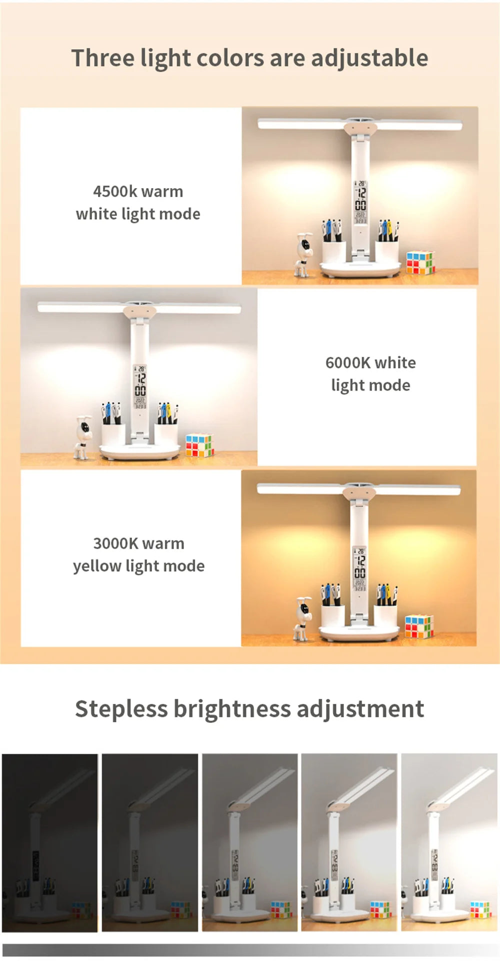 LED Desk Lamp with Clock & Temperature Display – USB Rechargeable Touch Control Reading Light