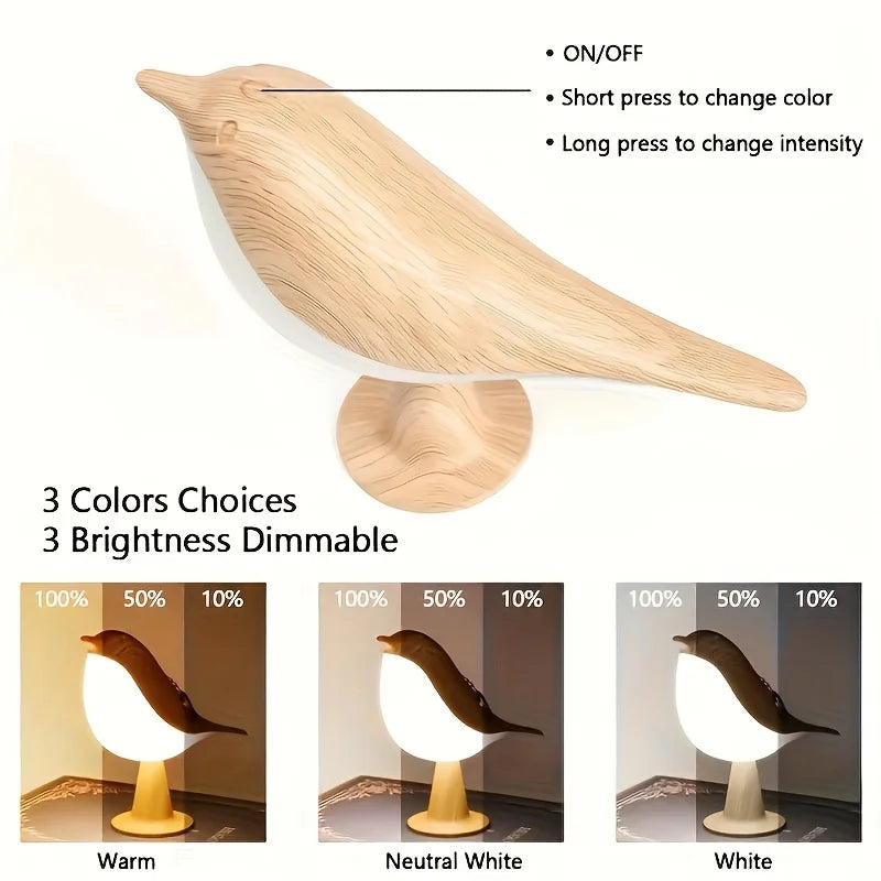 LED Bird Touch Lamp – 3-Level Dimmable Rechargeable Night Light for Home Decor