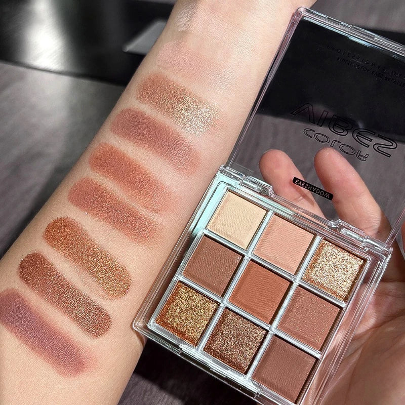 Palette fards à paupières 9 cases – Multicolore, pailleté, nacré et mat, scintillant et longue tenue, maquillage pour femmes