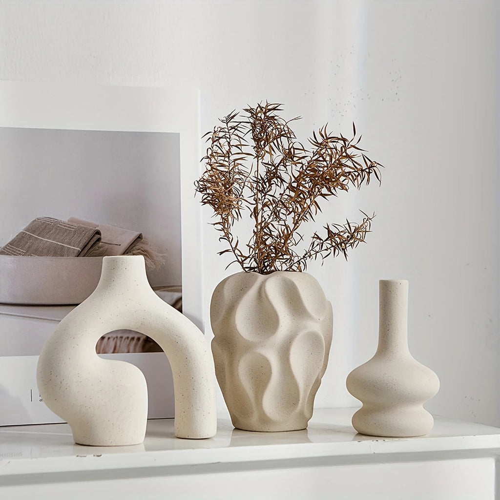 3-Piece Boho Ceramic Vase Set – Modern Donut & Geometric Decorative Vases
